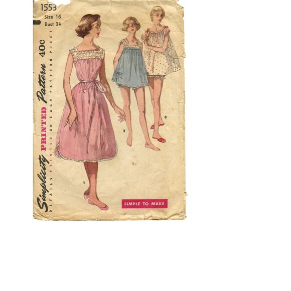 Simplicity 1553 Sewing Pattern Size 16 Bust 34 Junior Misses Nightgown & Panties - Picture 5 of 8